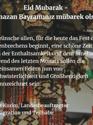 Sharepic mit Grußwort des Niedersächsischen Landesbeauftragten für Migration und Teilhabe, Deniz Kurku, anlässlich des Fest des Fastenbrechens